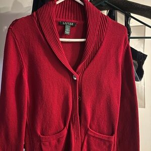 Red Cardigan Sweater with Shawl Collar and Knit Texture